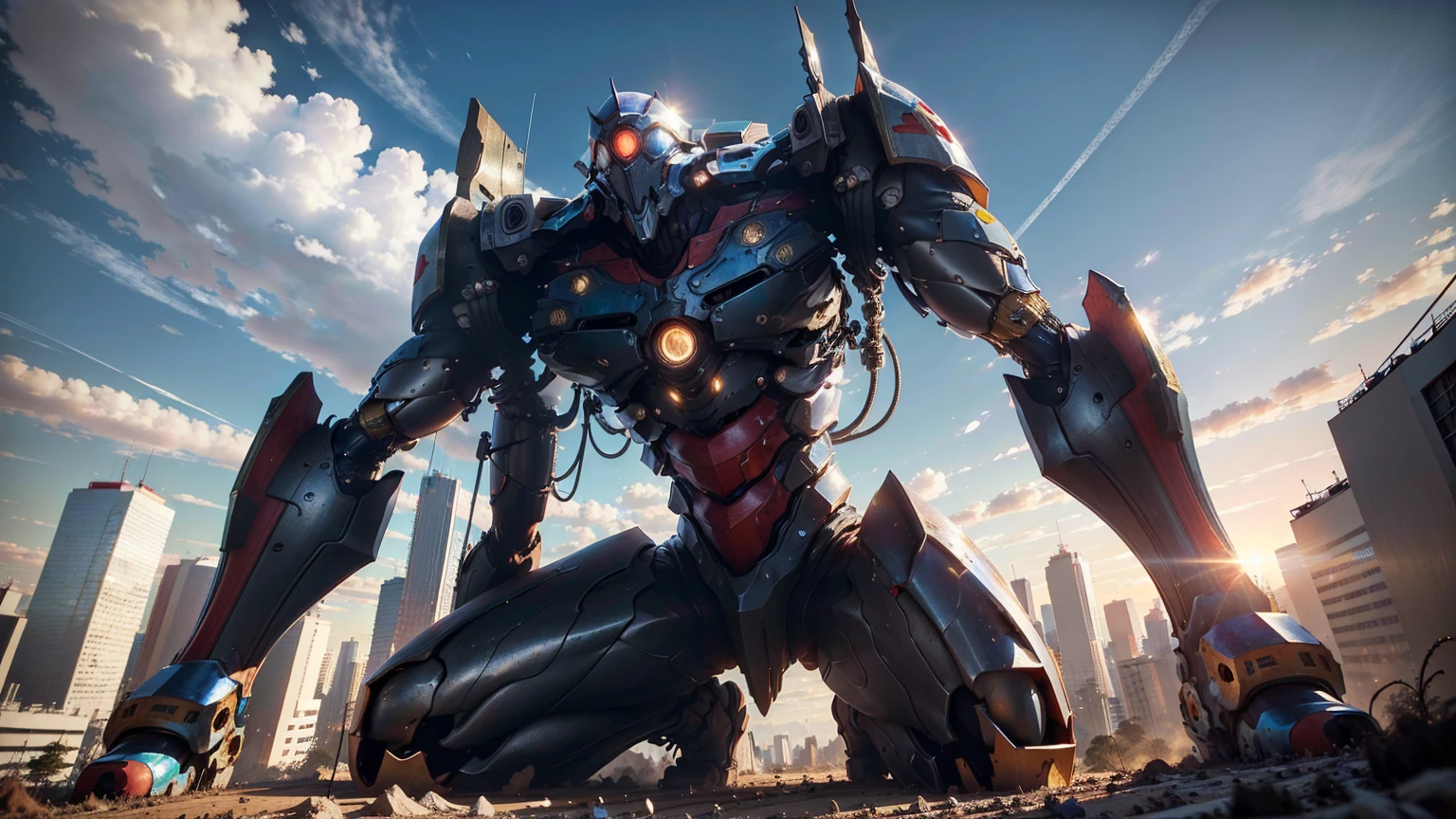 (best quality, 4k, highres, ultra-detailed, realistic:1.37), HDR, bright lighting, vibrant colors, massive machinery, enormous humanoid robot, breathtaking view from the top of a building, intricate cable network attached to the back, bustling city of Tokyo, meticulous attention to detail, lifelike rendering of the organic body, slender figure, metallic armor shining on top.