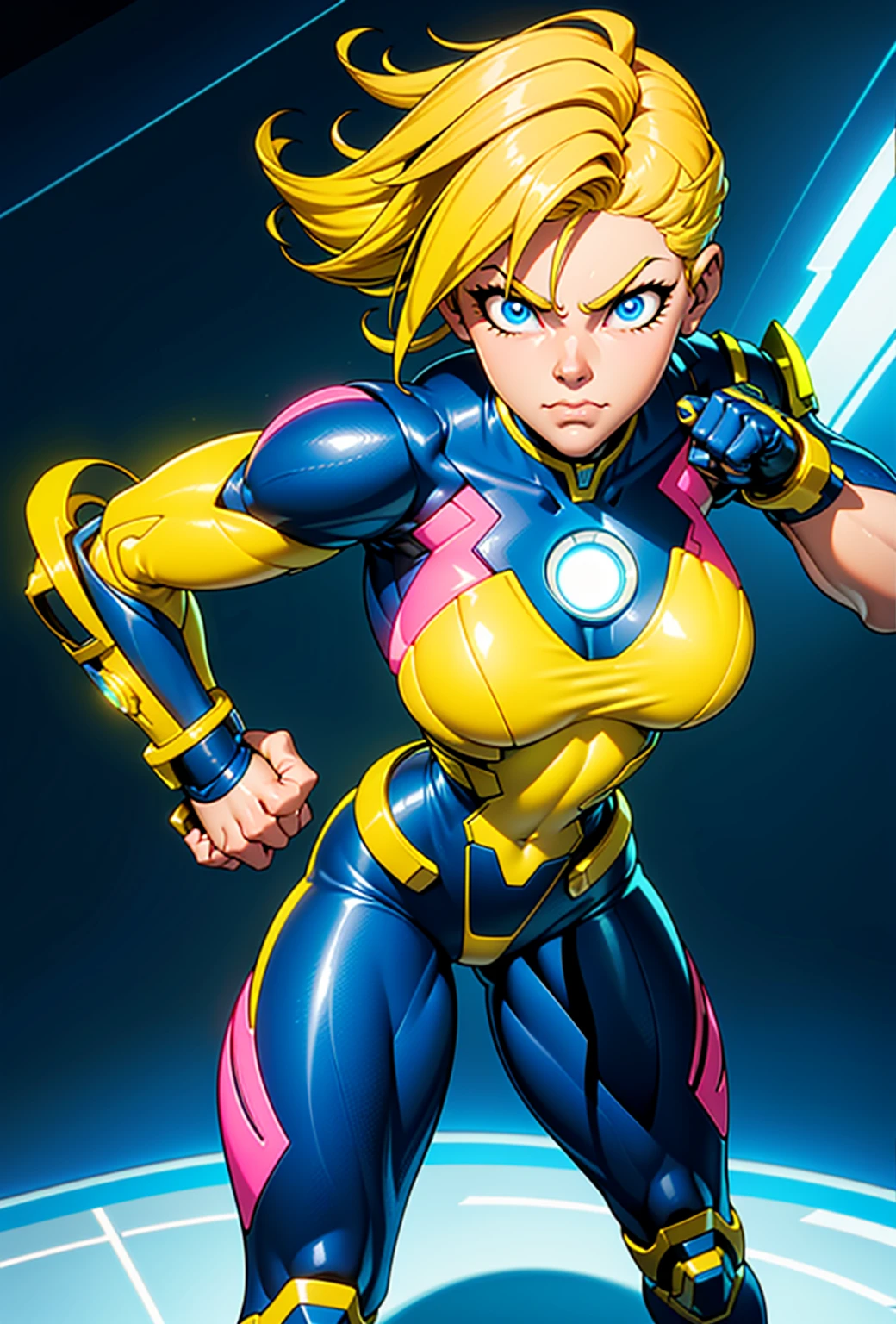 Digital painting of a woman with blue and yellow hair, Superhero, Muscle Girl, Pause, Raise your fist, From above, 1 knee up, Behance Contest Winner, Afrofuturism, Synthwave, neon, glowing neon, Huge saggy breasts,
