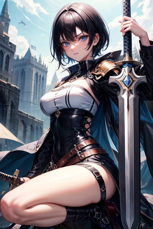(((((middle age woman))))), masterpiece, ultra detailed, 8k portrait, RAW photo, portrait photography, highly detailed face, ((Fantasy)), 1 woman, (((female knight))), (((spread legs dynamic sitting pose))), (((((spread pussy odor))))), (((((pissing))))), (((((put hands knee))))), 33 years old, (((((tall))))), (((small eyes))), glasses, (((black very short hair))), (((hair over one eyes))), (((white skin color))), (((((lightly dressed))))), (((white leather breast armor and transparent micro skirt))), (((dark blue long cloak))), (((high cut iron shoes))), (((equip a Japanese sword))), Midday Sun, hyper realistic, Body model, Small breasts, Beautiful breasts, (big butt), (thick thighs), Long legs, in the medieval adventurer's guild, Ambient lighting, Shadow details , Camera focus on face, strong breeze, Light fog