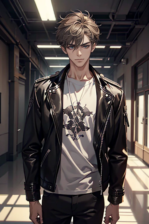 (tmasterpiece, high resolution, ultra - detailed:1.0), (1 boy, Young male, masculine face), Perfect male body, Adult male, Delicate eyes and delicate face, Extremely detailed CG, Unity 8k wallpaper, Complicated details, Detailed face, (gray brown hair, messy hair, serious faces, white T-shirt,Bad students), (frown,evil smile:1.3), hand in pocket, school corridor,black leather jacket, color difference, Depth of field, dramatic shadow, Ray tracing, Best quality, Cinematic lighting, offcial art,Portrait