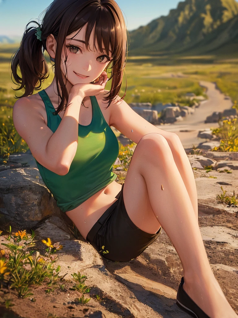 (Highest quality、8k、32K、masterpiece)、(Realistic)、(Realistic:1.2)、(High resolution)、Very detailed、Very beautiful face and eyes、(((Women's Solo Shot)))、Tight waist、(Highest quality、Attention to detail、Rich skin detail)、(Highest quality、8k、Oil paints:1.2)、(Realistic、Realistic:1.37)、Bright colors、(((Full Body Shot)))、(((Bob Hair)))、(((Medium Hair)))、(((Side Ponytail)))、(((smile)))、(((Brown Hair)))、(((Green tank top)))、(((Black shorts)))、(((Being in the steppe)))、(((you can see the horizon)))、((Sweaty skin))、(((It's the top of the mountain)))、((Raise your hand))、((I'm making a bonfire))、((It's evening))