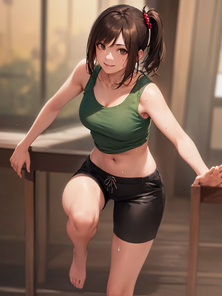 (Highest quality、8k、32K、masterpiece)、(Realistic)、(Realistic:1.2)、(High resolution)、Very detailed、Very beautiful face and eyes、(((Women's Solo Shot)))、Tight waist、(Highest quality、Attention to detail、Rich skin detail)、(Highest quality、8k、Oil paints:1.2)、(Realistic、Realistic:1.37)、Bright colors、(((Full Body Shot)))、(((Bob Hair)))、(((Medium Hair)))、(((Side Ponytail)))、(((smile)))、(((Brown Hair)))、(((Green tank top)))、(((Black shorts)))、(((Being in the steppe)))、(((you can see the horizon)))、((Sweaty skin))、(((It's the top of the mountain)))、((Raise your hand))、((I'm making a bonfire))、((It's evening))
