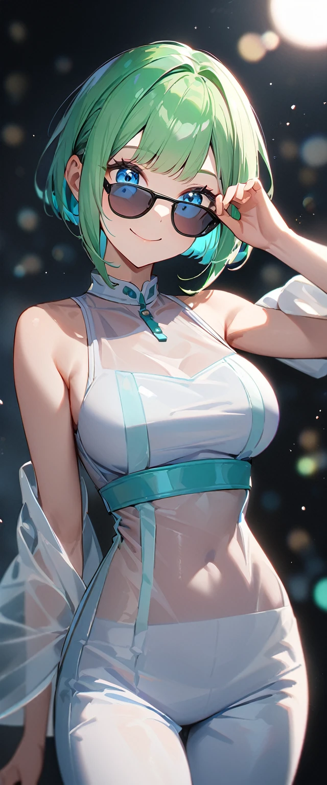(((One Girl))), , Bobcut, (Cowboy Shot), ((sunglasses, hand to sunglasses)), (View your viewers), Focus on the face, ager, Tilt your head:1.3, (((blue eyes))), ((smile)), (()), Contrasting, Place one hand on hip, ((())), , ((())), , ((See-through clothing:1.3)), , , Anime Style, (Highest quality, 4K, 8k, High resolution, masterpiece:1.2, Very detailed, Very detailed eyes, High resolution, 超High resolution, Studio Lighting, Ultra-fine painting, Sharp focus, Physically Based Rendering, Very detailed説明, Professional, Vibrant colors, Bokeh)、、, Beautifully shaped breasts with tension, Green Eyes, Moonlight、moonlight、Brush your hair up、、,The whole body from head to toe、Proud expression、Older sister、Emotionally rich facial expressions、(Flying in the air)、、Sleeveless shirt、Girl with long green hair,Inner color and white hair,、Long pants with slits、Beauty under the moon