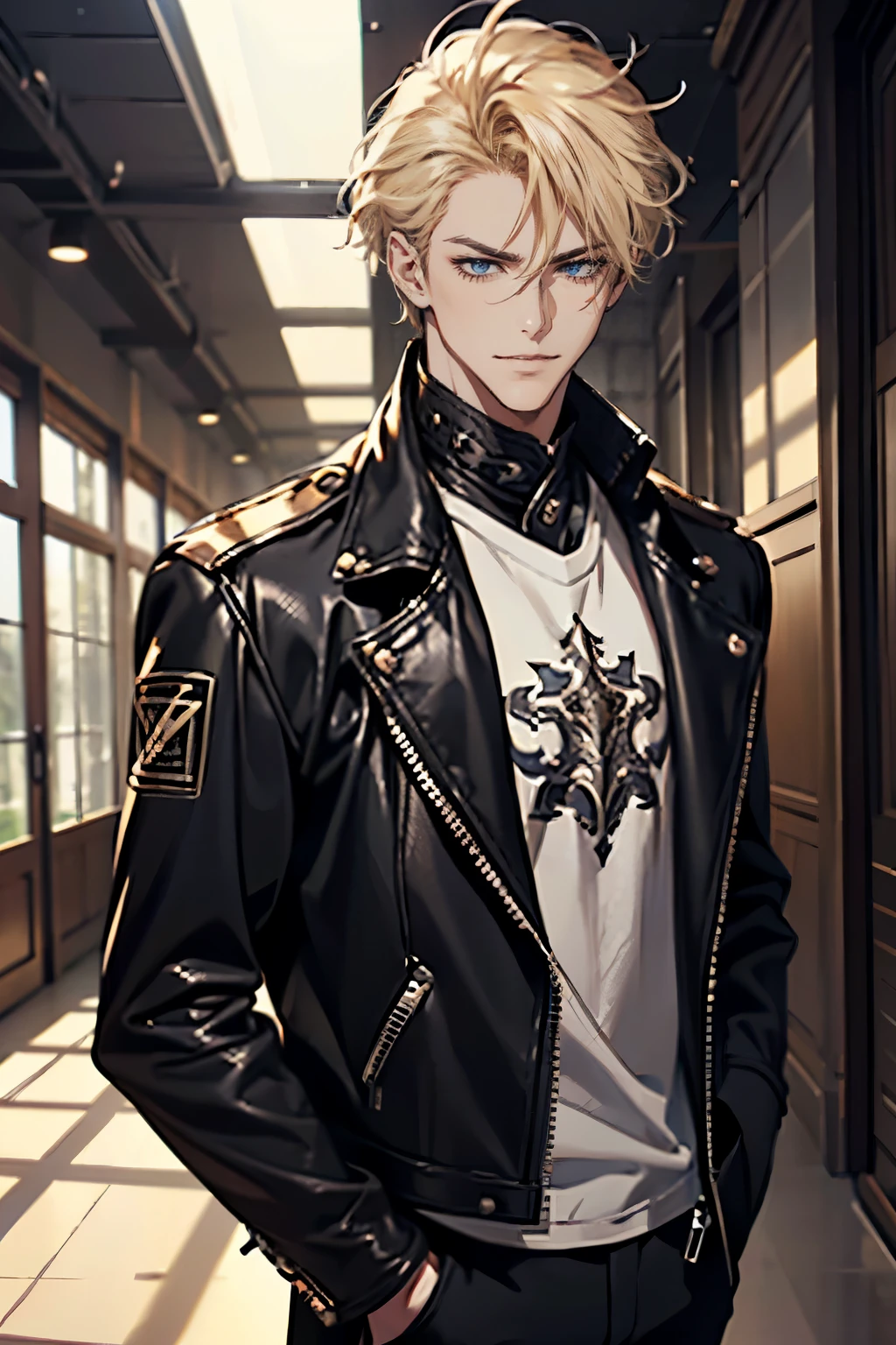 (tmasterpiece, high resolution, ultra - detailed:1.0), (1 boy, Young male, masculine face), Perfect male body, Adult male, Delicate eyes and delicate face, Extremely detailed CG, Unity 8k wallpaper, Complicated details, Detailed face, (blond hair, messy hair, serious faces, white T-shirt,Bad students), (frown,evil smile:1.3), hand in pocket, school corridor,black leather jacket, color difference, Depth of field, dramatic shadow, Ray tracing, Best quality, Cinematic lighting, offcial art,Portrait