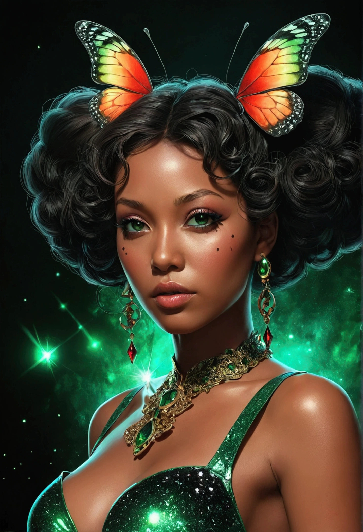 atmosfera oleosa sombria 4D style butterfly Mai sexy picture of a grown-up magical girl sexy cute mature face hair afro red + green with some puled up into a false ponytail girl is sexy dark Black theme with glitter and sparkles big black crystal eye creating a glamorous and aesthetic effect. sharp focus emitting diodes smoke artillery sparks racks system unit motherboard by pascal blanche rutkowski repin artstation hyperrealism painting concept art of detailed