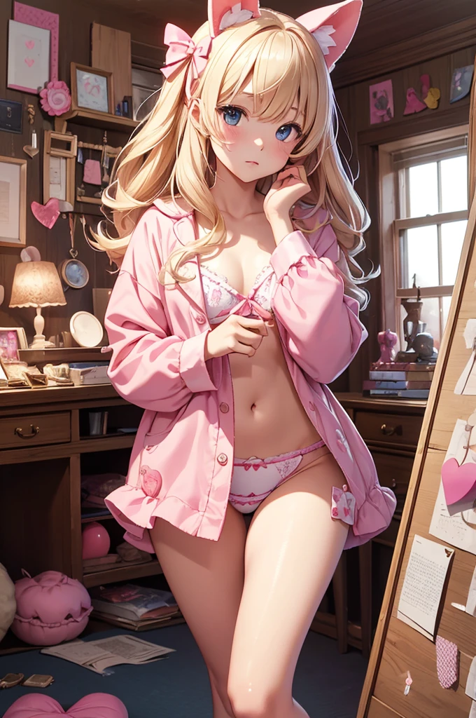 (Masterpiece, top quality, absolute resolution, real stick, realistic materials and textures, perfect anatomy), BREAK Subject: Photo girl Subtitle: Junior high school girls, thighs, small, cute, Kigurumi pajamas BREAK pink kawaii room , pink gothic room, messy room, Marchen, macarons, Candy, heart item, ribbon,star item, small window, (Miscellaneous goods are placed in a mess:1.3),dresser, antimacassar , busty, blond hair