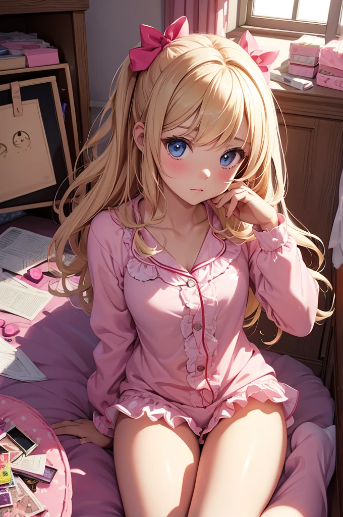(Masterpiece, top quality, absolute resolution, real stick, realistic materials and textures, perfect anatomy), BREAK Subject: Photo girl Subtitle: Junior high school girls, thighs, small, cute, Kigurumi pajamas BREAK pink kawaii room , pink gothic room, messy room, Marchen, macarons, Candy, heart item, ribbon,star item, small window, (Miscellaneous goods are placed in a mess:1.3),dresser, antimacassar , busty, blond hair