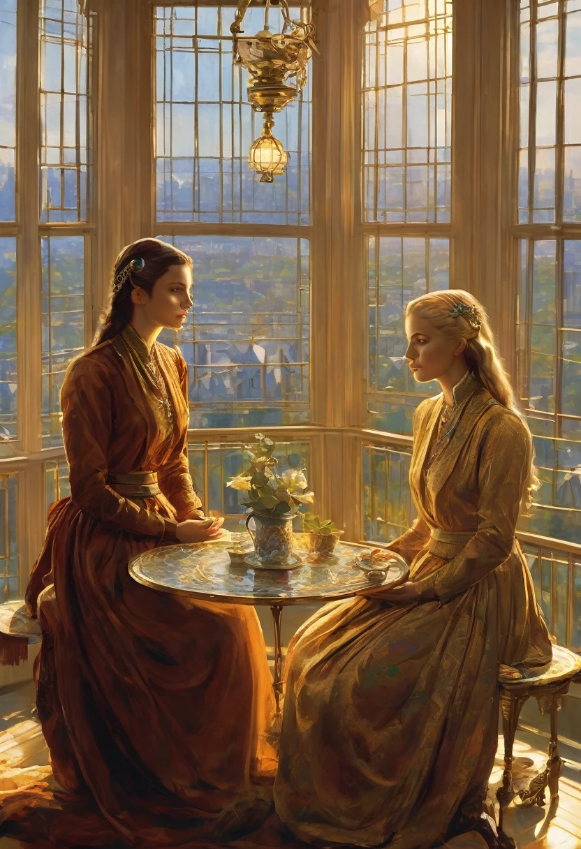 In the golden hues of the setting sun, two sisters, Elara and Selene, stood together, their expressions serene and contemplative. Elara, the elder by two years, had always been the more outgoing of the two, her confident demeanor complemented by her striking blonde hair. Selene, with her darker locks and quieter disposition, was the artist of the family, often finding solace in her paintings and sketches. The sisters were often mistaken for twins, their features so remarkably similar, yet their personalities so distinct. They were standing in their grandmother's penthouse, a sprawling apartment filled with antiques and memories from a bygone era. The room they were in had been their grandmother’s favorite, a sunroom that overlooked the cityscape of Paris. The two vases on the table, intricately designed and well-kept, were family heirlooms passed down through generations. As they stood by the window, the necklaces around their necks, each with a blue sapphire pendant, glistened in the fading sunlight.
