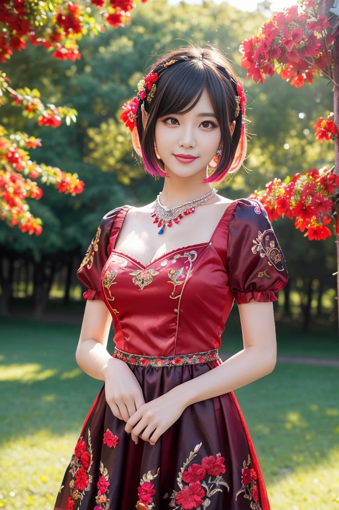 (masterpiece:1.4), (best quality:1.4), ultra high res, ultra high resolution, ((detailed facial features)), HDR, (realistic, photorealistic, photo-realistic:1.37), full body Esbian, sexy swedish model, (-anime), only 1 model, vivid colors, ((vivid colors multicolor very short hair)), beautiful smile, lip-gloss, long lashes, defined eyebrows, wearing large sparkling colorful jewelery, wearing a red silk Paradise Kiss cosplay dress with black floral embroidery, ((vivid colors outfit)), vivid colors, look at the camera, cinematic light, large park background with trees, sweet and sexy pose