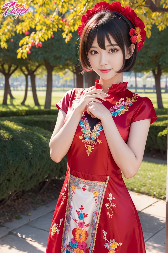 (masterpiece:1.4), (best quality:1.4), ultra high res, ultra high resolution, ((detailed facial features)), HDR, (realistic, photorealistic, photo-realistic:1.37), full body Esbian, sexy swedish model, (-anime), only 1 model, vivid colors, ((vivid colors multicolor very short hair)), beautiful smile, lip-gloss, long lashes, defined eyebrows, wearing large sparkling colorful jewelery, wearing a red silk Paradise Kiss cosplay dress with black floral embroidery, ((vivid colors outfit)), vivid colors, look at the camera, cinematic light, large park background with trees, sweet and sexy pose