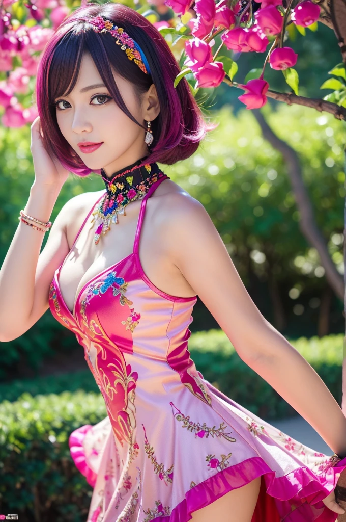 (masterpiece:1.4), (best quality:1.4), ultra high res, ultra high resolution, ((detailed facial features)), HDR, (realistic, photorealistic, photo-realistic:1.37), full body Esbian, sexy swedish model, (-anime), only 1 model, vivid colors, ((vivid colors multicolor (fuchsia, pink, light purple) very short hair)), (beautiful smile), lip-gloss, long lashes, defined eyebrows, wearing large sparkling colorful jewelery, wearing a red silk Paradise Kiss cosplay dress with black floral embroidery, ((vivid colors outfit)), vivid colors, look at the camera, cinematic light, large park background with trees, sweet and sexy pose