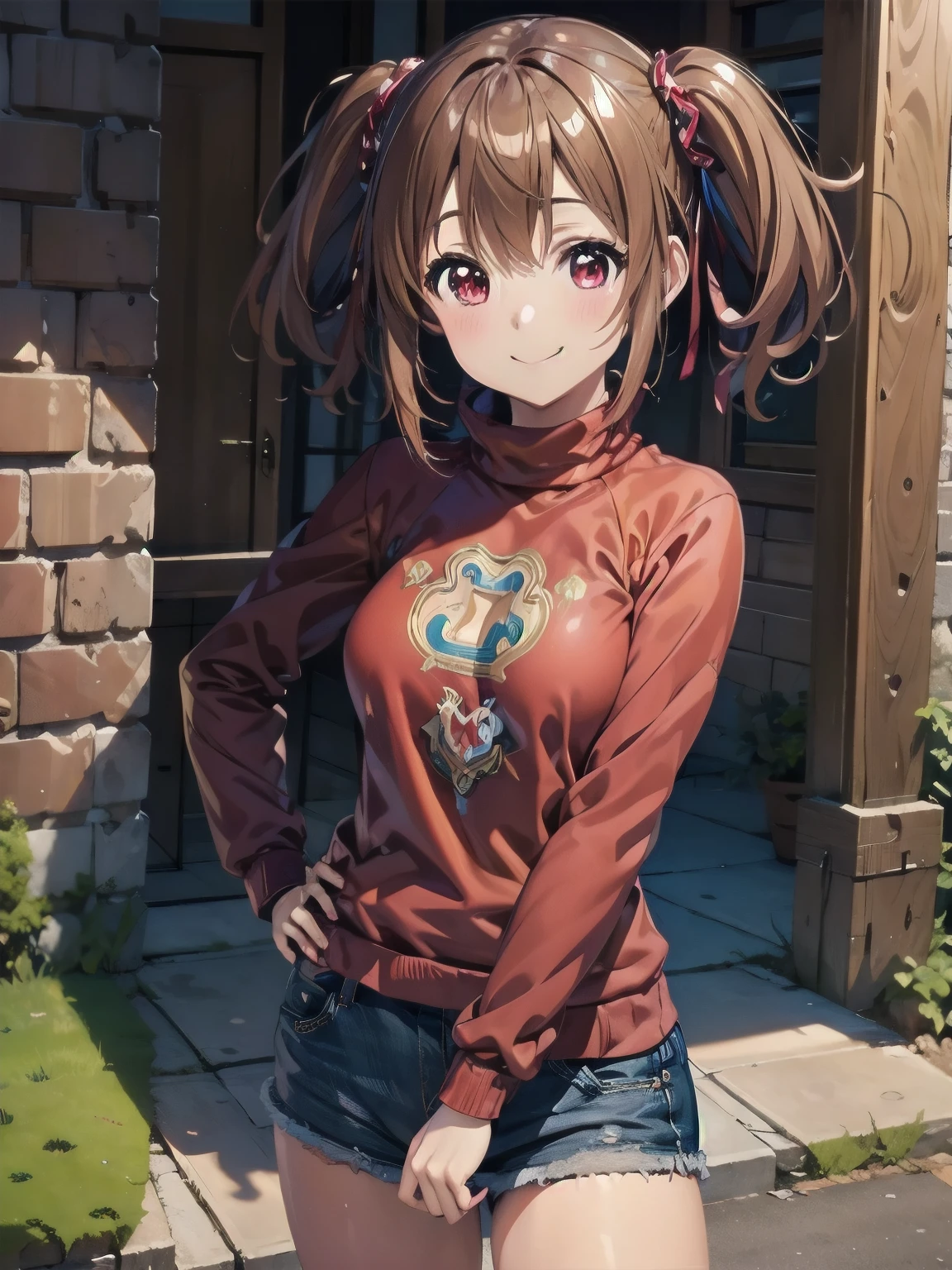 (masterpiece, Highest quality:1.2), One girl, masterpiece,(Anime illustration style:1.5),Shooting from the front、Closed Mouth、smile、Highest quality,Super detailed,Outdoor, Standing、Twin tails, Red eyes, Brown Hair,Cute Sweater, pink sweater, turtleneck, Long sleeve,In jeans,(Realistic, Genuine, Genuine的、Realistic), ((Highest quality)、 Cowboy Shot,