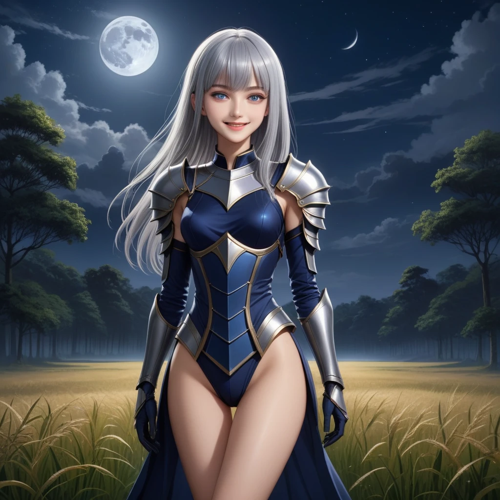 (masterpiece),(Best Quality),very aesthetic,(ultra detailed),(illustration),(degenerate),very aesthetic,NSFW,1 girl,19 years,slender,by the wide,silver hair,straight hair,(blunt bangs),dark blue seductive eyes,convenient,affected smile,An elegant and sophisticated outfit perfect for a , with armor, bare legs,happy,in open field, night sky,Lewd atmosphere,fantastic atmosphere,Moonlight,Moonlight a paisaje forestal,backlighting,(dark room)