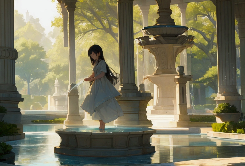 The girl touching the water of the fountain, that begins to shine softly.