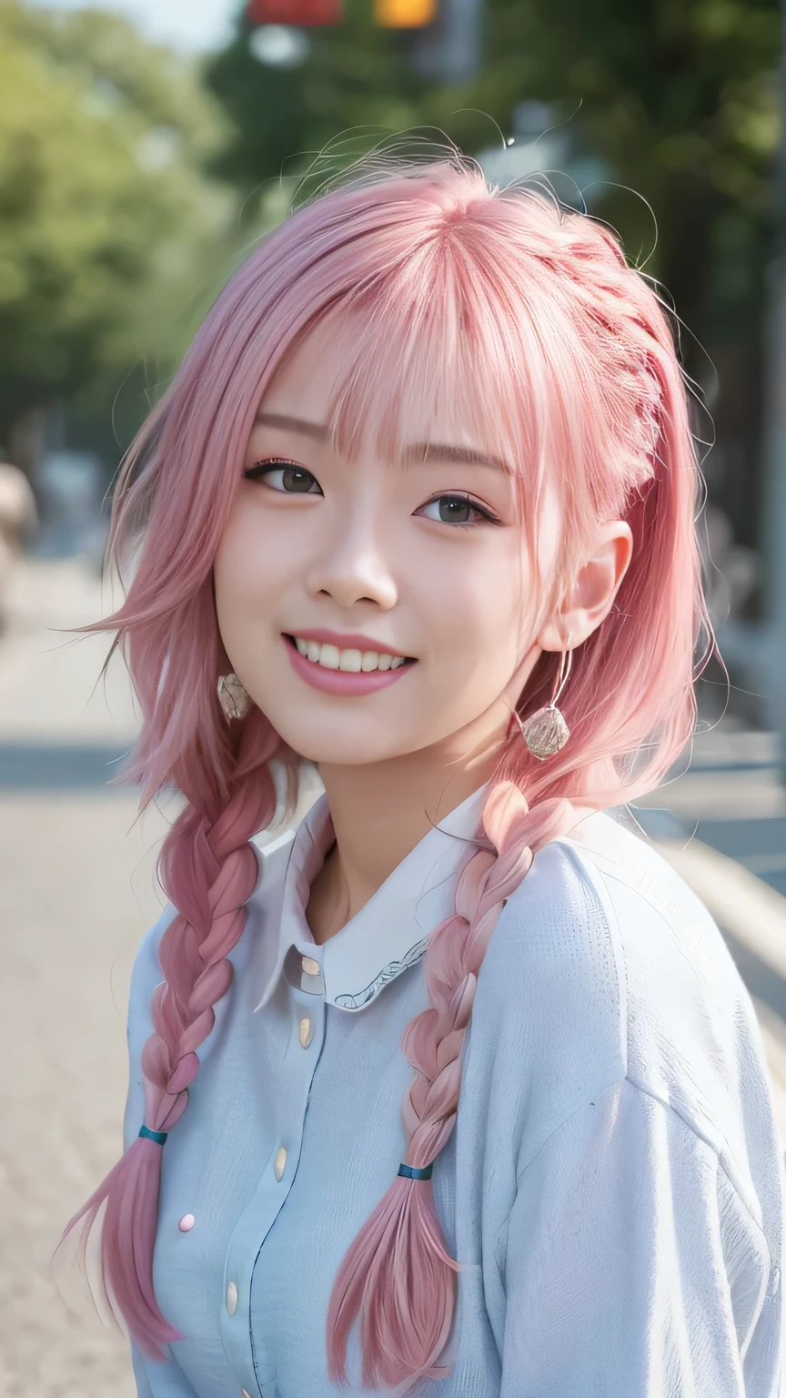 (8k、Highest quality、masterpiece:1.2)、(Realistic、Photorealistic:1.37)、Ultra-detailed、1 girl、18-year-old、Mid-chest、Beauty、Beautiful and perfect face、Natural smile、solo、holiday、Busy Street、shopping、Fashionable clothes、Nose redness)、(Laughter:1.5)、(Shut your mouth.) 、Beautiful Eyes、(length:1.2)、Floating Hair 、Mid-length hair、Pink Hair Medium Hair, (Pink Hair), Ear hair, , Single Blade, (Single Blade), (Side braid),Check shirt