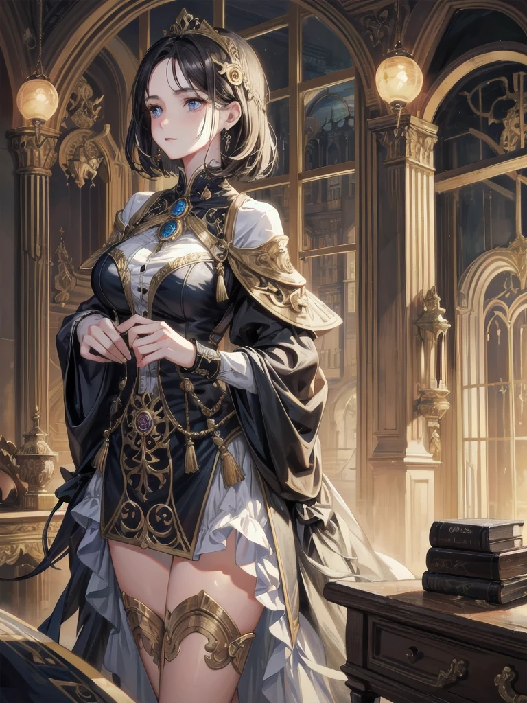 Please follow all prompts below exactly and faithfully. This is a breathtaking masterpiece of digital illustration, with maximum resolution, UHD, 512K, 2160p, 10 million ppi, 300 million dpi, natural color tones, ultra sharp details, perfect outlines with contrast, **most realistic skin and hair textures**, most beautiful detailed eye features, perfect anatomically correct human body, beautiful background with depth, rule of thirds, depth of field, Maximize all element is used to its full potential to create the best digital illustrations, A very sexy and elegant woman with a perfect body style, a beautiful sharp face, slim figure, gravity-defying large breasts, beautiful green eyes, (shiny blonde shaggy cut short hair covering one eye), glossy, sensual, Fantasy world wizard with detailed robe, wielding a staff, vibrant colors, dynamic pose, and a skirt. The robe features intricate embroidery, golden accents, emerald inlays, hood with runes, long flowing sleeves, belt with pouches, decorative hem, silk lining, floral patterns, gem-encrusted staff, leather boots, ornate amulet, plumed hat, elaborate cuffs, chainmail underlayer, shoulder cape, thigh-high boots, decorative belt, dragon motif, and silver thread.
