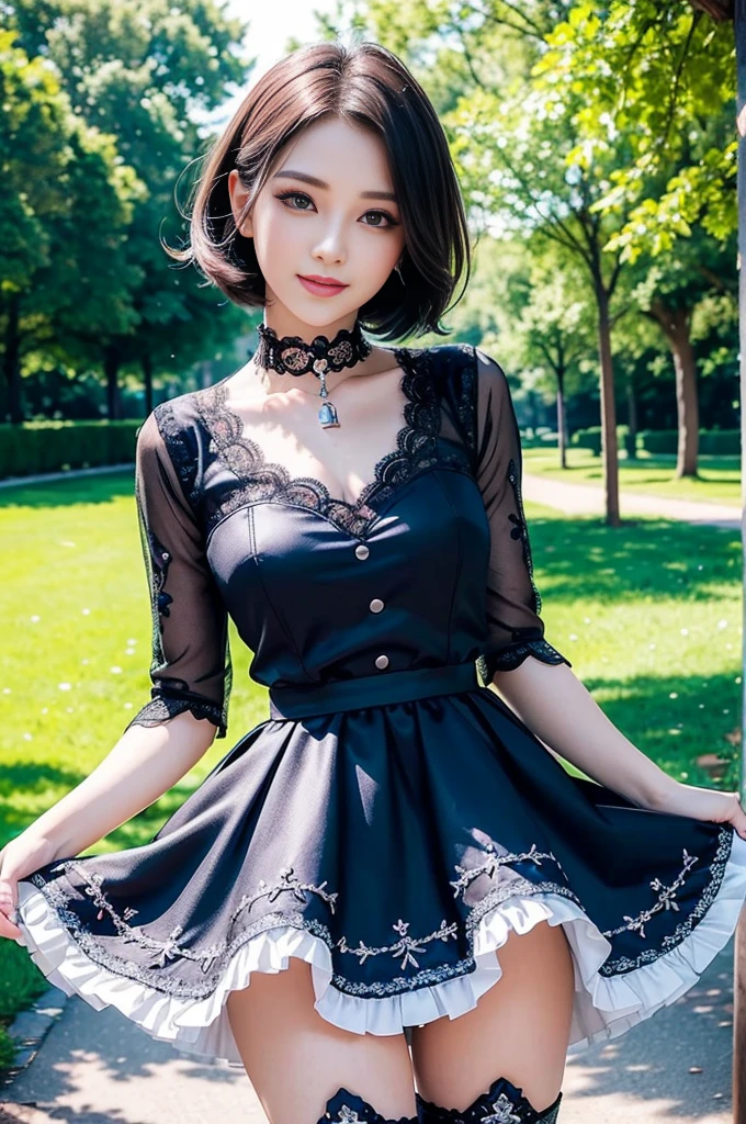 sexy stylish Swedish model, only 1 female, ((doll-like appearance)), very short stylish hair, ((shiny Aquors Love-Style boots)), (big smile), ultra detailed eyes,beautiful vivid eye makeup, lip-gloss, long lashes, defined eyebrows, ((sexy Aquors Love cosplay)), bell-shaped skirt, petticoats, ((ultra detailed lace)), ((ultra detailed embroidery)), intricate details, Aquors Love accessoires, Aquors Love choker, cinematic light, detailed large park background with trees