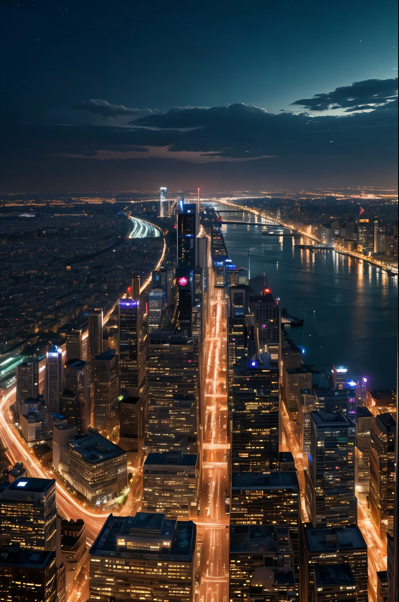City night view (A bustling night city in the background) (Great work: 1.3), (Highest quality: 1.1) (masterpiece: 1.3) with unparalleled masterpiece, Surreal 8K, Perfect artwork, Super Details, Highest quality, masterpiece 4K wallpaper aesthetics, masterpiece, Award-winning works, Official Art, Cinema Lighting