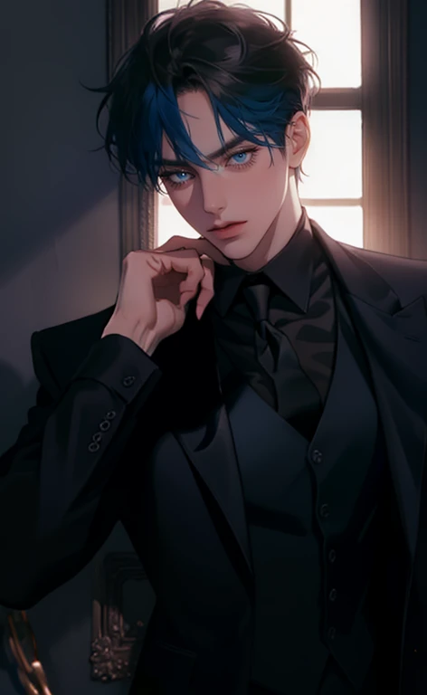(masterpiece,best quality,ultra_detailed,highres,absurdres, detailed light, detailed shadow),1 ((mature)) male, ((mature face)) 30-ish, (board shoulder), (muscular), male focus, solo, black hair (no highlight), chain, shirt, black necktie, necktie, simple background, blue eyes, full body shot (head to toe), vest, short hair (bangs part in 3:7 ratio), looking at viewer, parted lips, collared shirt, round eyewear, long sleeves, black shirt, he stands next to the window, bedroom background, night time, night light, black vest, monocle, jewelry, dutch angle, detailed background.