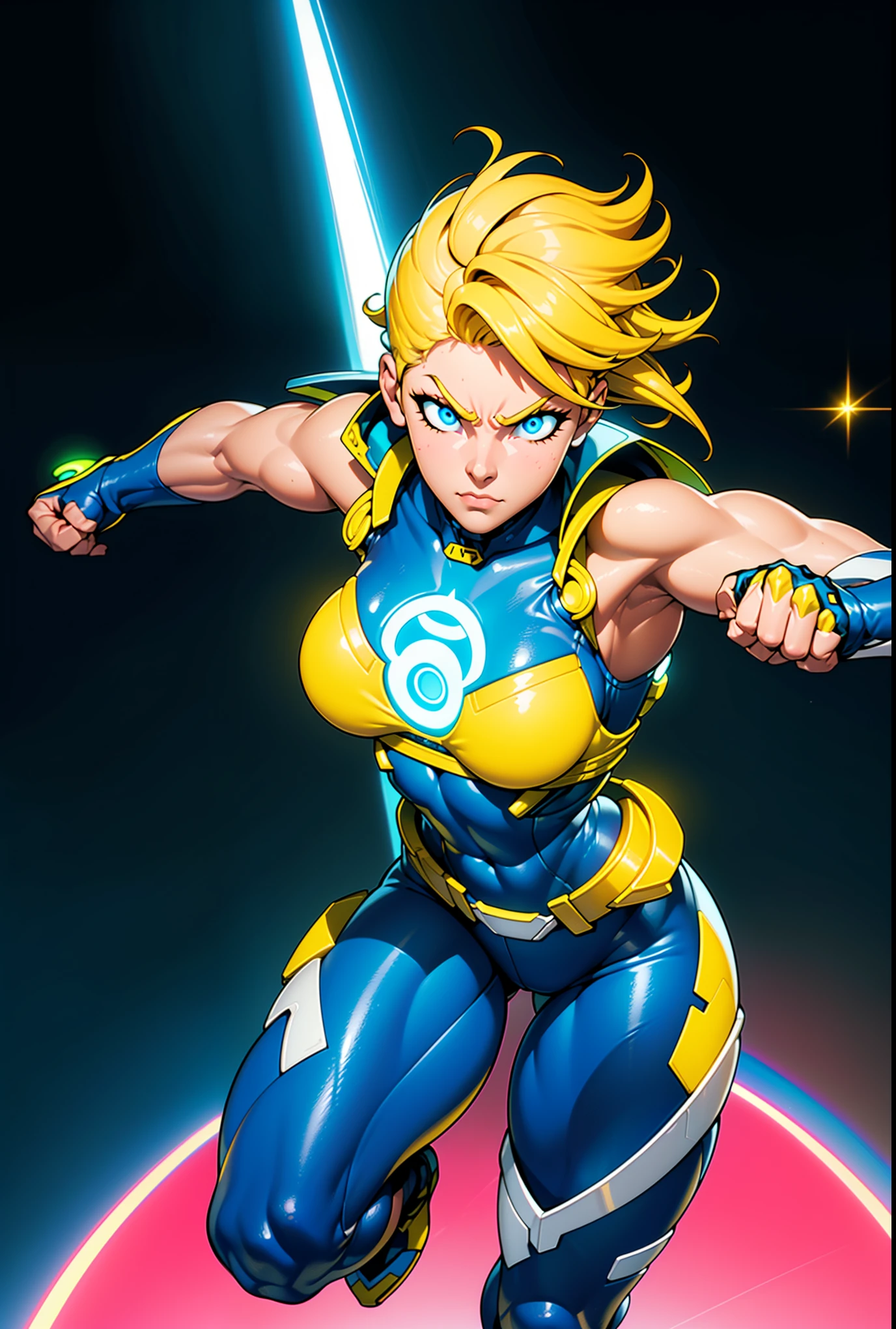 Digital painting of a woman with blue and yellow hair, Superhero, Muscle Girl, Pause, Raise your fist, From above, 1 knee up, Behance Contest Winner, Afrofuturism, Synthwave, neon, glowing neon, Huge saggy breasts,