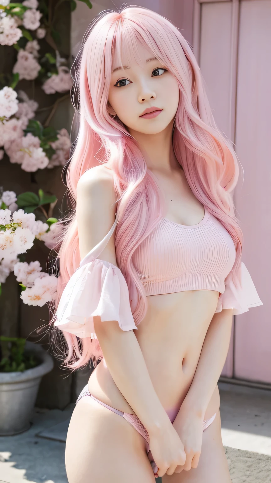 a young woman with Pink Hair standing in front of a building with cherry blossoms, long light Pink Hair, long Pink Hair, pastel Light Pink very long hair, light Pink Hair, Pink Straight Hair, Ulzzang, pink wispy hair, Light Pink, Pastel Pink, Pink Girl, long flowing Pink Hair, Korean Girls, Pink Hair, faded pink, Pastel Pink skin tone, Bubble Gum Hair, flowing Pink Hair, Pink Pastel, Short light purple hair, Pink、Pink Bikini