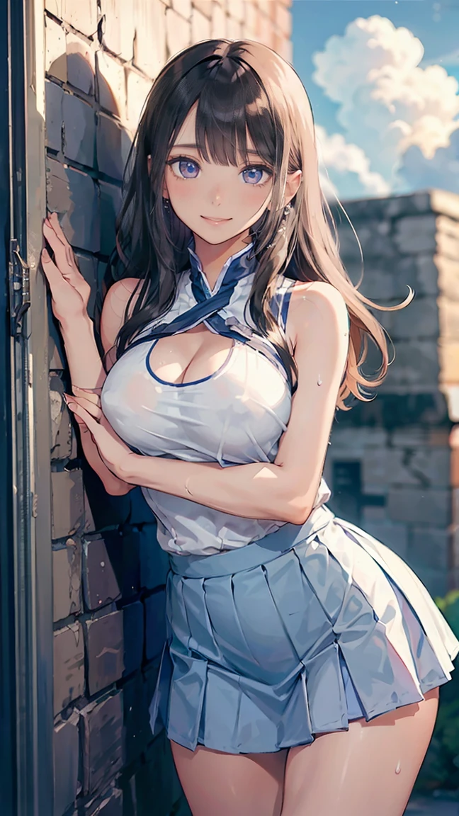 ((((highest quality)))), (((Ultra-precision CG 16K))), (((masterpiece))), (((Very detailed))), (((Extremely detailed))), (((Black outline:1.3, Written boundary depth:1.3 , Written soft outline))), Maximum clarity and sharpness,Multilayer Texture, Surface Shading, Cinematic lighting, Beautiful details sparkle ,Perfect Proportions, Limited to three woman, BREAK accurate, Anatomically correct, Highly detailed face and skin texture, drawn in detail, Highly detailed facial and skin texture, Detailed eyes, beautiful hair, Beautiful Japanese Idol face, Beautiful and beautiful eyes, Beautiful body, Beautiful breasts, Beautiful thighs, Beautiful legs, Beautiful fingers, (Beautiful views) , skinny body, ((Beautiful Skin)), ((Skin Texture)) BREAK breast enlarged, medium Breasts, rocket breasts, (((perky breasts))), (covered nipples), slender waist, (smiling , narrow eyes, blush, determined expression, hot, sweaty , Heavy breathing,) BREAK (((wearing oversized character printed sexy tank top, wearing outfit in casual way, wearing pleats mini-skirt, breasts is covered by outfit))) , wearing earrings, BREAK ( stick breast out),(((looking at viewer, super detailed background , cumulonimbus of summer sky, high school student leaning against wall , from random angles ))),