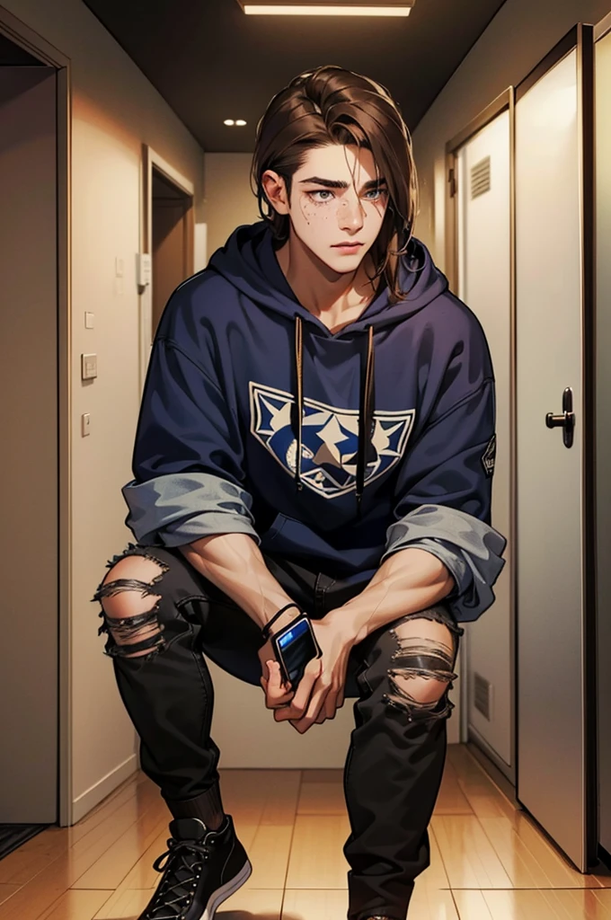 Young man, medium-length brown hair, shoulder-length hair, hazel eyes, freckles, slightly muscular, dark hoodie, blue ripped jeans, converse shoes, sad, alone in corridor apartment, nightlight, cell phone, detailed face, looks at lens, looks at us.