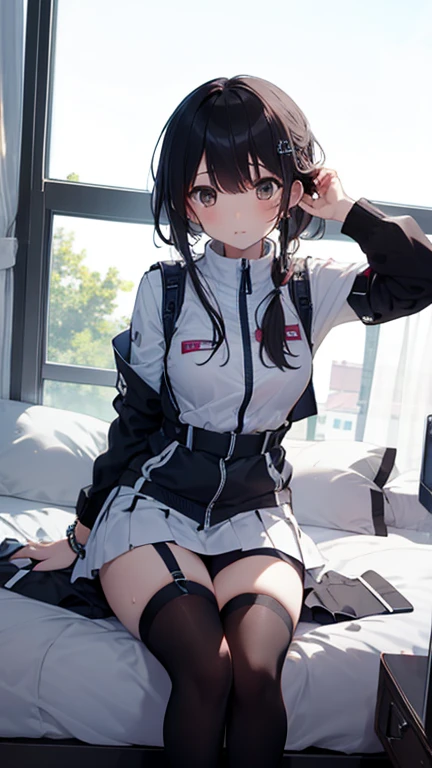 (Highest quality), (masterpiece), 1080P, High resolution, 4K, 8k, Thigh straps, Shooting from directly below, The woman on top of me, Nipples, 白いSweat, Covered , Sweat, Woman looking down, Micro Bikini, Skirt swimsuit, Thigh-high socks, To achieve this, , Small breasts, whole body, Black leather shoes, Braided hair, Inner Color, Embarrassed face, Short black hair, bracelet, Bedroom,celestial body_Vest