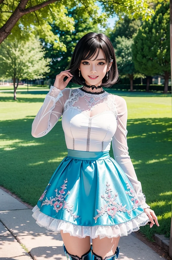 sexy stylish Swedish model, only 1 female, ((doll-like appearance)), very short stylish hair, ((shiny Aquors Love-Style boots)), (big smile), ultra detailed eyes,beautiful vivid eye makeup, lip-gloss, long lashes, defined eyebrows, ((sexy Aquors Love cosplay)), bell-shaped skirt, petticoats, ((ultra detailed lace)), ((ultra detailed embroidery)), intricate details, Aquors Love accessoires, Aquors Love choker, cinematic light, detailed large park background with trees