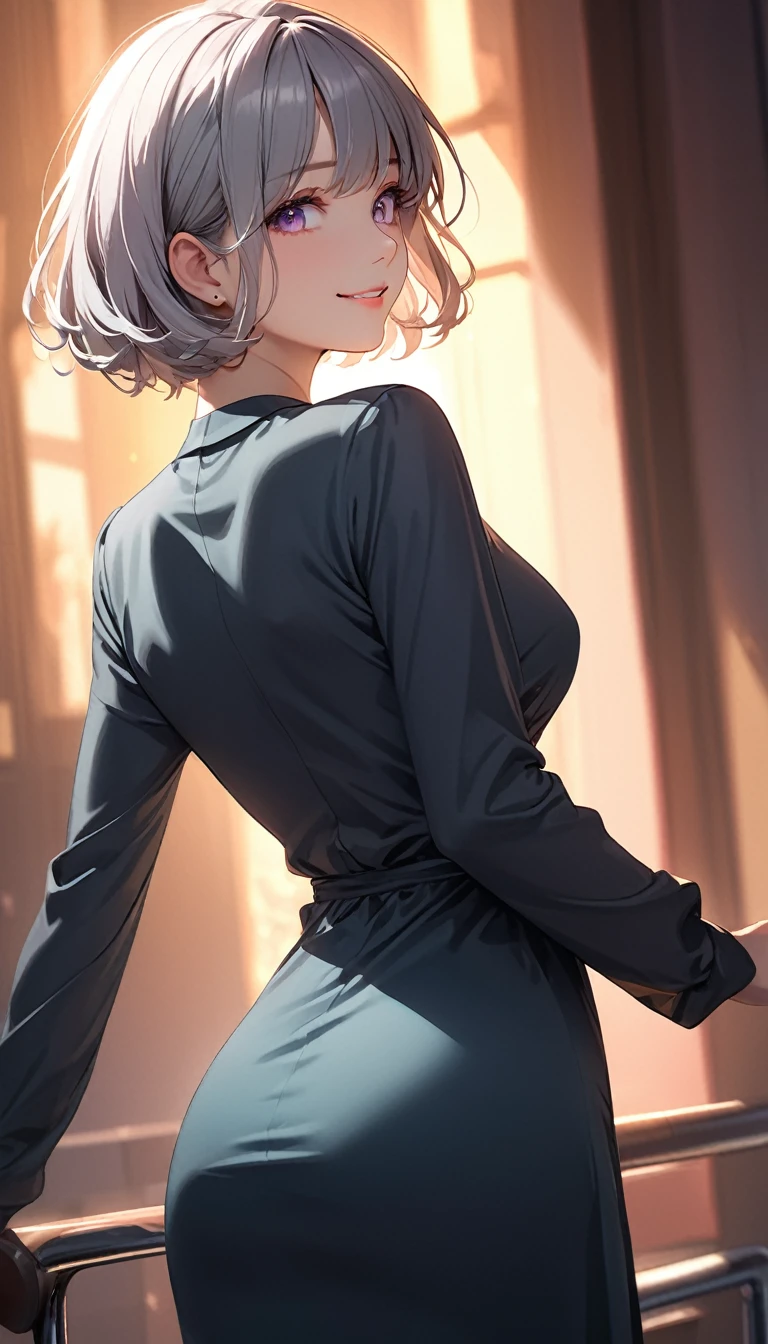 (masterpiece:1.5), (Beet quality), (High resolution), One Girl Solo, Beautiful Face,smile(Shining Eyes), Light effects, Long sleeve dress with no revealing, Gray Hair Color, Short-haired woman, look back, Twilight BackgroundSmile, 