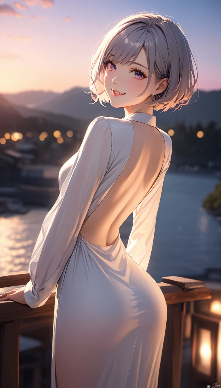 (masterpiece:1.5), (Beet quality), (High resolution), One Girl Solo, Beautiful Face,smile(Shining Eyes), Light effects, Long sleeve dress with no revealing, Gray Hair Color, Short-haired woman, look back, Twilight BackgroundSmile,