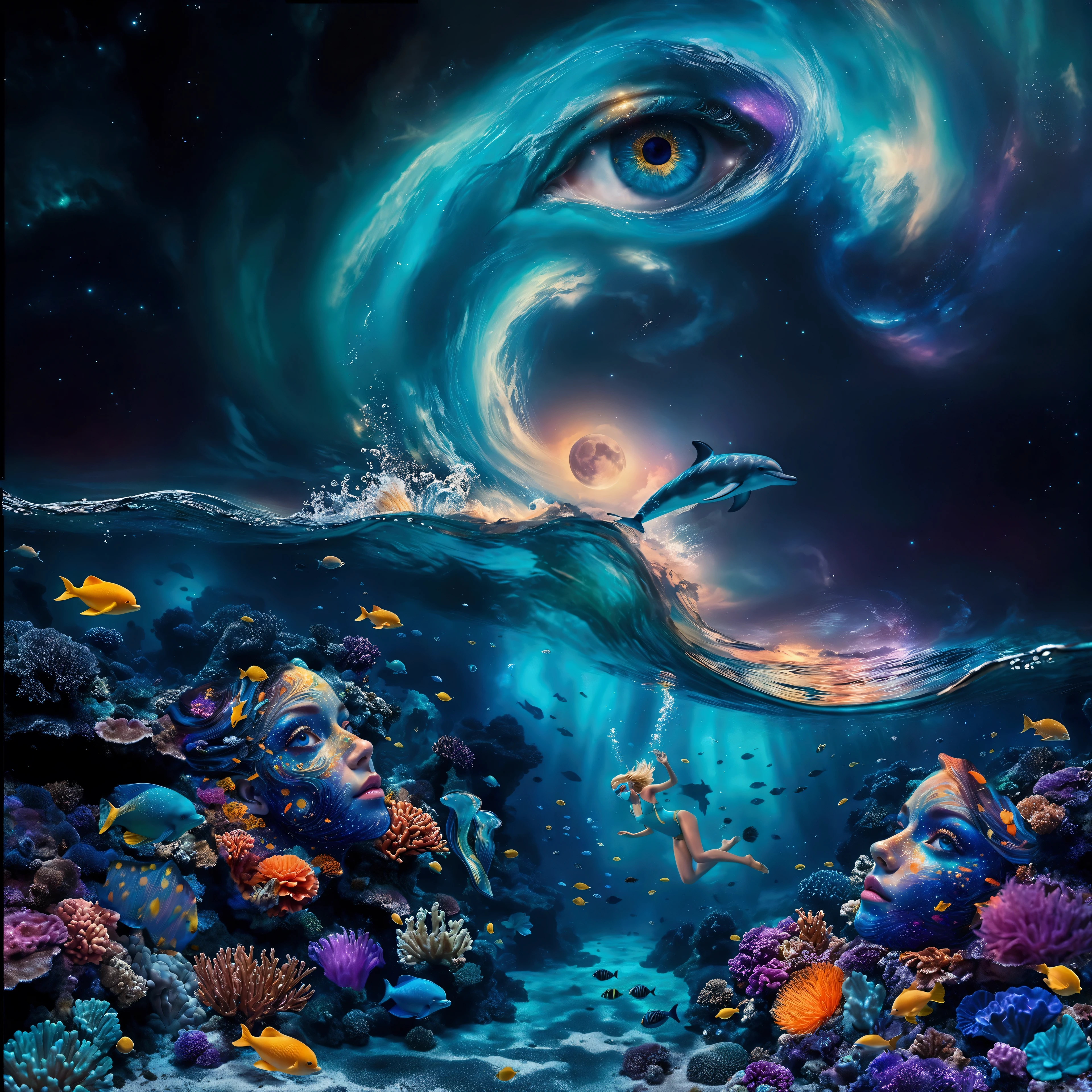 at night, Surreal, fantasy-style digital artwork featuring an underwater scene with vibrant coral reefs and various colorful fish. The layout is divided into two main sections: the underwater world and the sky above. In the underwater section, there are two large, human-like faces detailed made of coral and sea life, with intricate details and vivid colors. (A blonde woman in a bikini detailed with fins, mask and snorkel, surrounded by small bioluminescent creatures dancing around her, leaving trails of light.). Above the water, Starry sky: (A sky with a swirling galaxy evolving into a giant blue eye detailed ), embedded in a starry sky adorned with nebulae and cosmic dust. (A dolphin leaps out of the water towards a glowing moon, enhancing the dreamlike atmosphere). The overall composition is rich in detail and color, creating a captivating and otherworldly visual experience.Shimmering mist: A mist envelops the scene, lending it an ethereal quality. best quality, 8k, masterpiece, hight resolution.