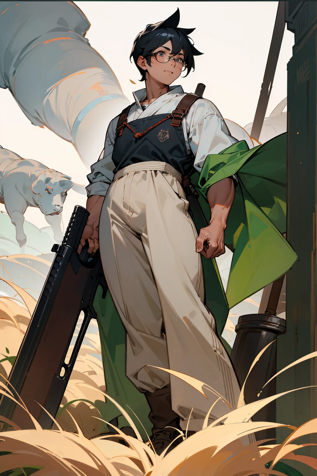 Masterpiece Quality, Perfect Generation, Sclera, Detailed Eyes, Skin, Hair, Muscular, Clothing, Excited Expression, , farm Background, Full Body, Skin, , , , facing viewer, Standing Outside, Clothed, , Eyes, hair, , hair, hair, , Background, , U , Male, , , farm worker, , , farmer clothing, , strong, muscular, Shotgun in hand, fat, Black hair, glasses, high detail shotgun