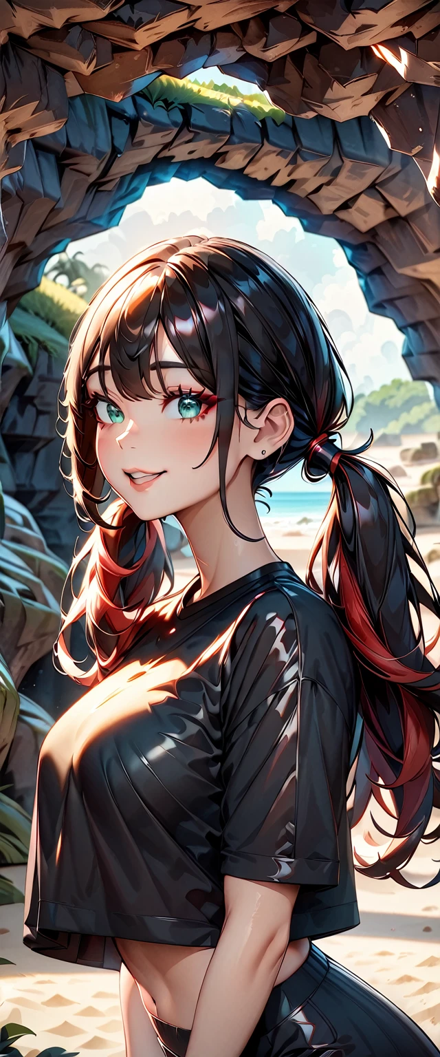 Photo of a girl with natural skin, High Twintails, , ((Baby Face)), Smiling, ((Leaning forward)), From the side, Round face, Red mesh hair, ((Upper Body)), Beach cave, The light is shining in, Black hair with red mesh, Sharp eyes with red eyeshadow, Blue-green eyes, Shining eyes, A thin, upturned nose, Well-shaped lips, ((crop top overhang, Short sleeve, Black clothes, Glamour body)), Makeup, Exquisitely crafted with the utmost attention to detail, Vibrant, amazing, Smooth, Cinematic, 4K, Backlight, (()), Shallow depth of field, ((Detailed eyes:1.3, Detailed lips:1.3, high quality, )), masterpiece, Super detailed images, High quality