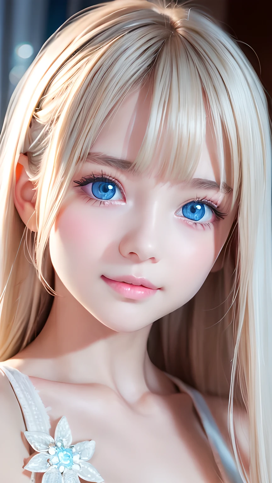The pieces fly, Highest quality, figure, Very detailed, The finer details, High resolution, 8K Dende wallpaper, Perfect dynamic composition, Detailed and beautiful eyes, dress, Super long platinum blonde straight silky hair,Bangs that flow between the eyes、 Blonde hair above the chest, Natural color lip, Random sexy poses,A shy smile,Beautiful 15 year old girl,Cute type、Her big, bright cream ice blue eyes shine beautifully.、Very big eyes、Cheek highlighter、Very white and beautiful skin、Glowing Skin、Small Face Girl、Round face、A beautiful girl