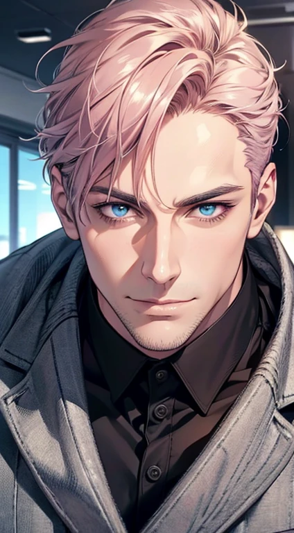 (best quality,4k,8k,highres,masterpiece:1.2),ultra-detailed,(realistic,photorealistic,photo-realistic:1.37),1 man,31 years old,mature man,very handsome,without expression,smile,short grey pink hair,blue eyes,penetrating gaze,perfect face without errors,imposing posture,businessman,office background,cinematic lighting,hdr image