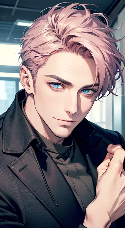 (best quality,4k,8k,highres,masterpiece:1.2),ultra-detailed,(realistic,photorealistic,photo-realistic:1.37),1 man,31 years old,mature man,very handsome,without expression,smile,short grey pink hair,blue eyes,penetrating gaze,perfect face without errors,imposing posture,businessman,office background,cinematic lighting,hdr image