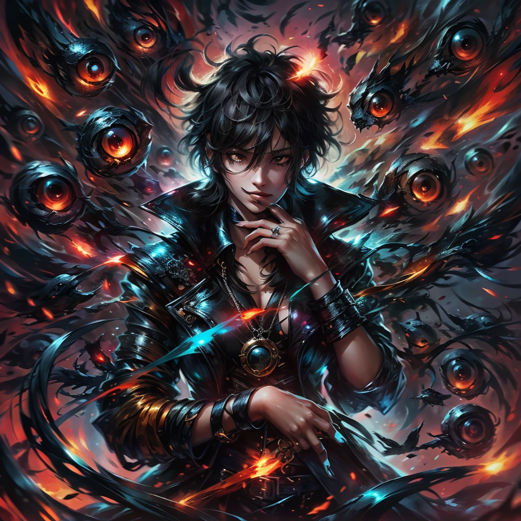 (Black haired character: 2), (character&#39;s red eyes: 2), surrounded by red eyes. Dark coat with red details, holding sword in right hand, left hand making contemplative gesture. (male: 2), Character away, work of art, best qualityer, (Extremely detailed CG 8k unity wallpaper), (best qualityer), (best illustration), (best shade), absurderes, realistic lighting, (bright), beautiful detailed glowing, arte de PeterMohrBacher, detailed character, 85mm camera. Extremely detaild, 8k, HDR, naturallight, cinematic lighting, masterpiece-anatomy-perfect, ultra HD, RAW photo, metallic, professional, ultra-fine painting, perfect body proportions, anatomically correct, uhd, real texture material, Anti-Aliasing, FKAA, TXAA, SSAO, Post Processing, Post Production, Tone Mapping, CGI, VFX, SFX, hyper maximalist, Volumetric, ultra photorealultra-detailed intricate details.