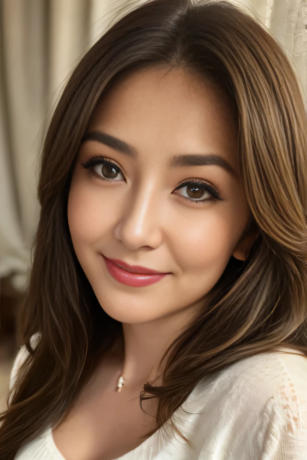 55 years old, (Japanese Mature:1.2), Captivating Gaze, Dark brown eyes, (8k, High resolution,super high quality, Ultra HD,Ultra-realistic,Highest quality), Close-up photo with focus on face, Perfect Makeup、(Realistic facial wrinkles:1.2)、Accurately rendered eyes, Proper eye position, Cinematic Light, Soft Light, detailed color graded background, Highly detailed eyes, 8k, Sharp focus, bedroom, Looking down, smile,