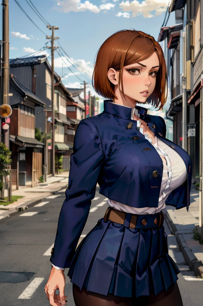 (masterpiece, best quality, ultra detailed, absurdres)1.5, 1girl, (sexy, beautiful woman, perfect face, perfect eyes, perfect female body, huge breasts)1.5, (nobara kugisaki, bob cut, brown hair, lips, short hair, belt, brown belt, brown pantyhose, crop top, crop top overhang, JUJUTSU TECH UNIFORM, jacket, gakuran, pantyhose, pleated skirt, shirt tucked in, skirt, blue skirt, blue crop top, ), (standing, empty street, Japanese street, Japanese city in background, cloudy), perfect lighting, smooth, hdr