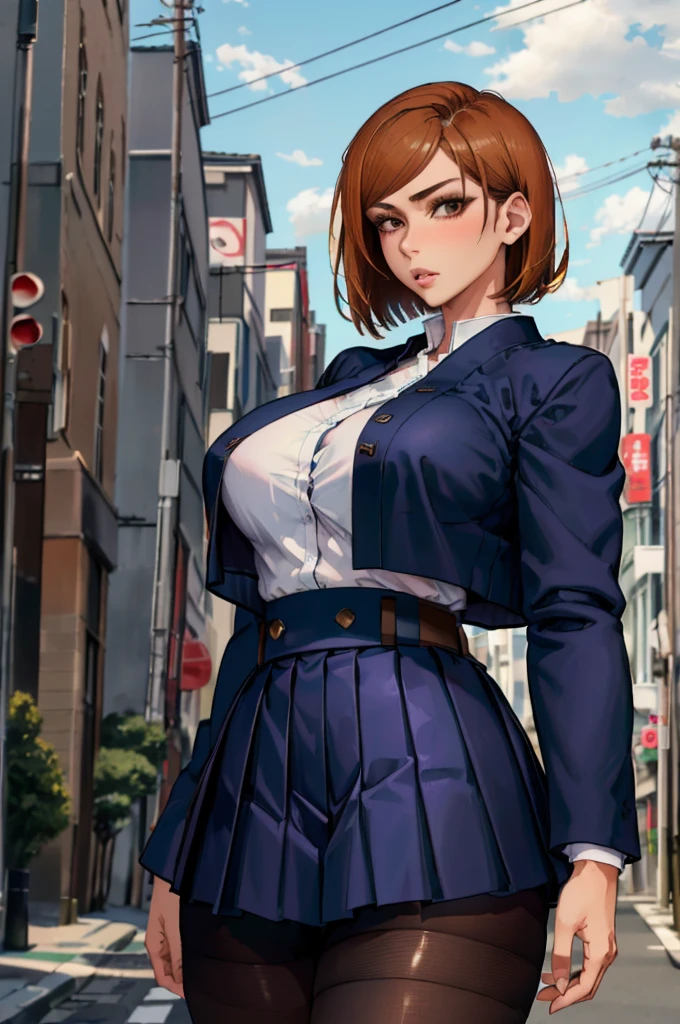 (masterpiece, best quality, ultra detailed, absurdres)1.5, 1girl, (sexy, beautiful woman, perfect face, perfect eyes, perfect female body, huge breasts)1.5, (nobara kugisaki, bob cut, brown hair, lips, short hair, belt, brown belt, brown pantyhose, crop top, crop top overhang, JUJUTSU TECH UNIFORM, jacket, gakuran, pantyhose, pleated skirt, shirt tucked in, skirt, blue skirt, blue crop top, ), (standing, empty street, Japanese street, Japanese city in background, cloudy), perfect lighting, smooth, hdr