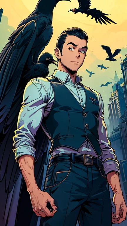 (Teens:1boy: Tintin,clark), (extremely detailed CG unit 8k wallpaper),(master part), (best quality), (ultra detail), (best illustration),(melhor ombre), cowboy shot, (Sharp eyeliner, ombre, detailedeyes:1), dark Gothic interiors background, ,break , (the crow), upper body, short hair, black hair