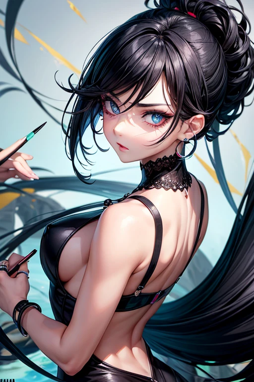 absurdrez, ultra details, high qualiy, Artwork, gorgeous eyes(detailedeyes), short black hair, saia curta fully body, tense facial expression, gazing at viewer, shade, eye pencils, super lashes, fully body, lush ass, aretes, Rings on the hands