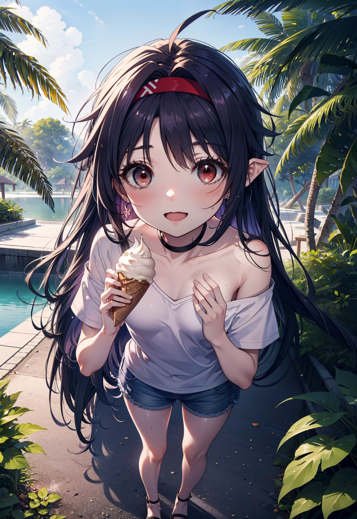 yuukikonno, Yuuki Konno, , Long Hair, Pointed Ears, Purple Hair, Ahoge,(Red eyes:1.5), (Small breasts:1.2), hair band,Oversized one-shoulder shirt,Short sleeve,Shorts,Heeled Sandals,Walking,Daytime,Clear skies,Holding and eating ice cream with both hands,happy smile,smile, Open your mouth,whole bodyがイラストに入るように,Palm tree,
break looking at viewer, whole body,
break outdoors, tropical,In town,
break (masterpiece:1.2), Highest quality, High resolution, unity 8k wallpaper, (figure:0.8), (Beautiful attention to detail:1.6), Highly detailed face, Perfect lighting, Highly detailed CG, (Perfect hands, Perfect Anatomy),
