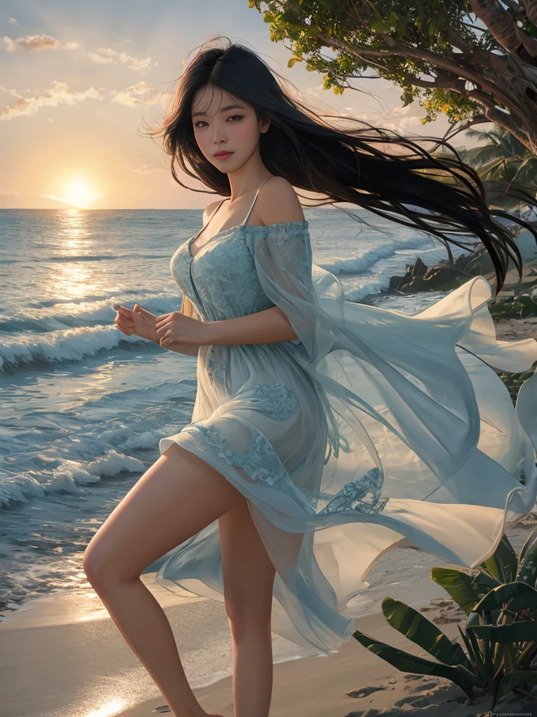 Full Body Shot、Tropical sandy beach、(masterpiece、8k、RAW Photos、wonderful、最high quality、Very detailedな CG 統合 8k 壁紙、high quality、Very detailed、narrative poem、Depth of written boundary、Cinematic Light、Lens flare)、Black-haired、Beautiful Face、True Face、Beautiful details、eye、Beautiful Skin)、髪がwindで踊る、Hair flutters in wind、Hair bounces、wonderful view、Morning Glow、Sun in the background、wind、