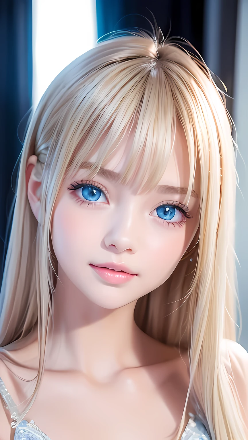 The pieces fly, Highest quality, figure, Very detailed, The finer details, High resolution, 8K Dende wallpaper, Perfect dynamic composition, Detailed and beautiful eyes, dress, Super long platinum blonde straight silky hair,Bangs that flow between the eyes、 Blonde hair above the chest, Natural color lip, Random sexy poses,A shy smile,Beautiful girl,Cute type、Her big, bright cream ice blue eyes shine beautifully.、Very big eyes、Cheek highlighter、Very white and beautiful skin、Glowing Skin、Small Face Girl、Round face、A beautiful girl