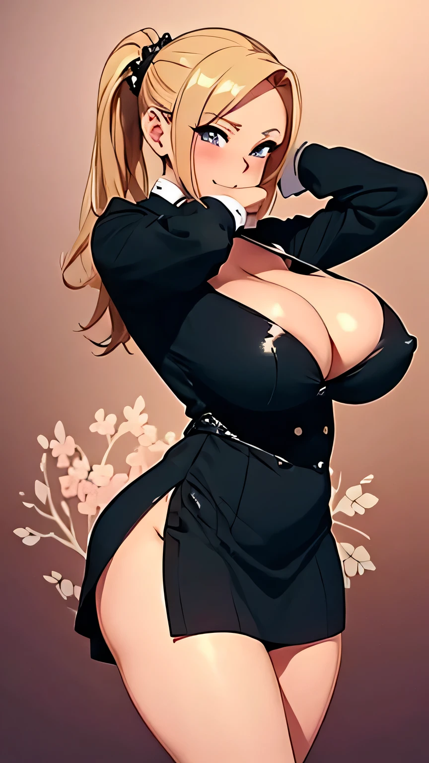 beautiful detailed girl, sexy short maid costume, sexy mini skirt, Chef in classic attire, ponytail, blonde hair, Pose with hands together, Youthful expression, large breast, massive cleavage exposed, huge buttock, sakura background 