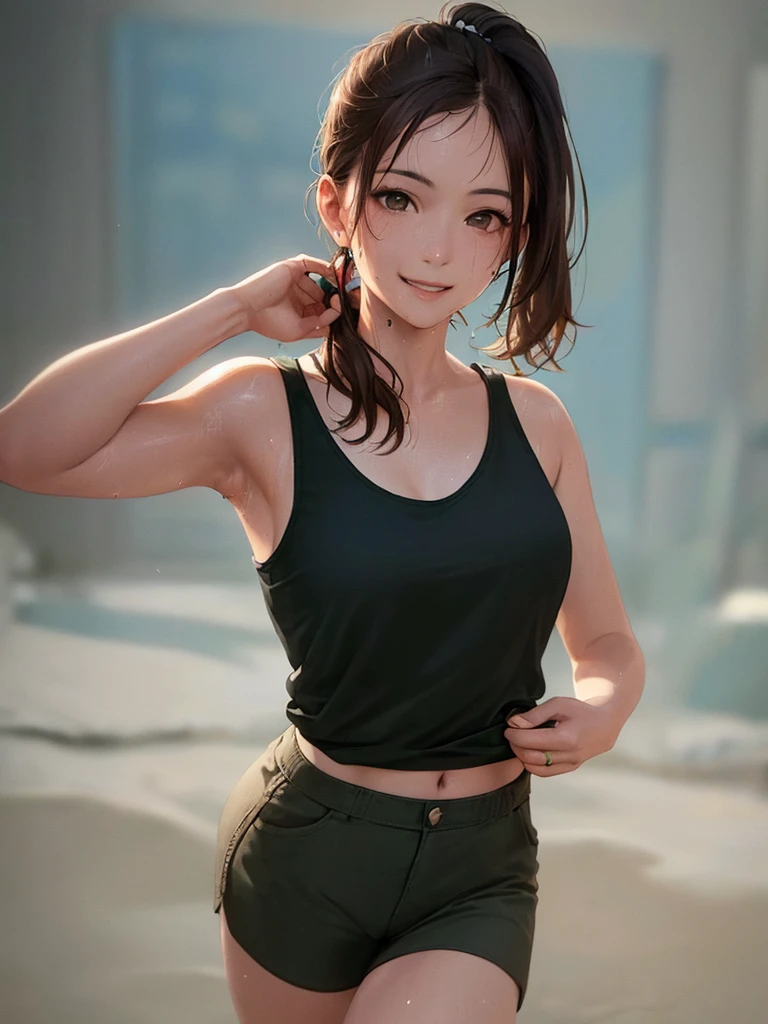 (Highest quality、8k、32K、masterpiece)、(Realistic)、(Realistic:1.2)、(High resolution)、Very detailed、Very beautiful face and eyes、(((Women's Solo Shot)))、Tight waist、(Highest quality、Attention to detail、Rich skin detail)、(Highest quality、8k、Oil paints:1.2)、(Realistic、Realistic:1.37)、Bright colors、(((Full Body Shot)))、(((Bob Hair)))、(((Medium Hair)))、(((Side Ponytail)))、(((smile)))、(((Brown Hair)))、(((Green tank top)))、(((Black shorts)))、(((Being in the steppe)))、(((you can see the horizon)))、((Sweaty skin))、(((It's the top of the mountain)))、((Looks fun))、((I'm making a bonfire))、((It's evening))、standing、Hands on hips、