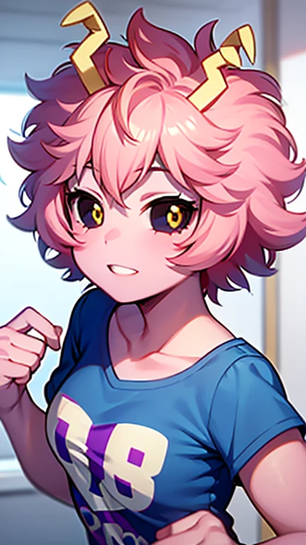 mina ashido, 1girl, solo, breasts, short hair, medium breasts, shirt, white background, collarbone, yellow eyes, upper body, pink hair, short sleeves, horns, teeth, colored skin, blue shirtteeth, happy, colored sclera, emphasis lines, black sclera, pink skin