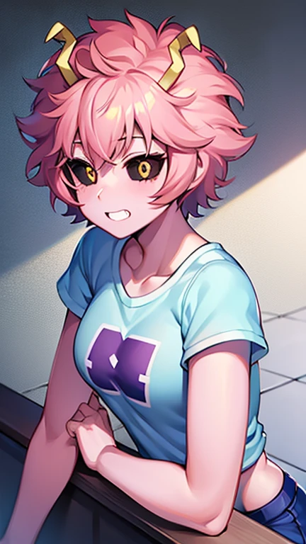 mina ashido, 1girl, solo, breasts, short hair, medium breasts, shirt, white background, collarbone, yellow eyes, upper body, pink hair, short sleeves, horns, teeth, colored skin, blue shirtteeth, happy, colored sclera, emphasis lines, black sclera, pink skin